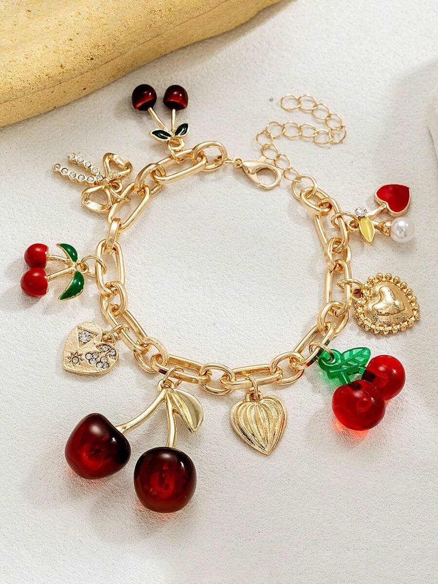 1pc Handmade Cherry Bow Heart Charm Bracelet, Golden Color Chunky Chain, Fashionable Cherry Bracelet Jewelry, Spring/Summer