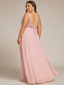 EVERPRETTY Plus Size Backless V-Neck Chiffon Bridesmaid Dress Spring Wedding Party - Baby Pink - View 2