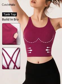 Catch Halo Criss Cross Back Workout Cropped Top For Women - Scoop Neck & Strappy Back Design Sport Cami Top | 4-Way Stretch Quick Dry Breathable Medium Support Workout Tank Top For Yoga, Pilate, Running, Cycling, Gym (Wine Red, S~XL)