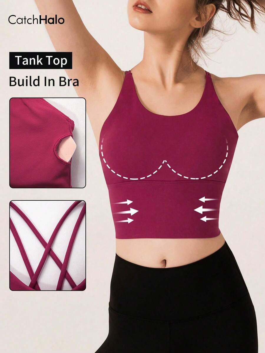 Catch Halo Criss Cross Back Workout Cropped Top For Women - Scoop Neck & Strappy Back Design Sport Cami Top | 4-Way Stretch Quick Dry Breathable Medium Support Workout Tank Top For Yoga, Pilate, Running, Cycling, Gym (Wine Red, S~XL)
