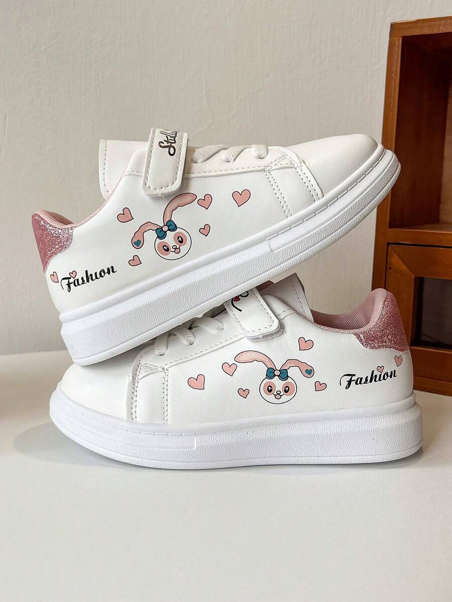 1 Pair Back-To-School Casual & Fashionable Kids' Skateboard Shoes, White Main Color, Adorable Cartoon Pattern On Side, Pink Heart Decor, Soft, Lightweight, Comfortable, Pink Details On Upper & Heel, Convenient Hook And Loop Closure, Sweet & Playful Style, Suitable For Kids' Daily Wear, Indoor/Outdoor, Play, Festivals, Etc. - Pink - View 1