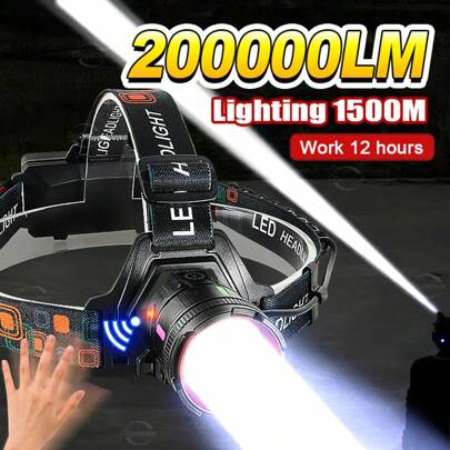 20000流明30W大功率LED头灯USB可充电头灯超亮远射头灯手电筒红外传感器钓鱼头灯