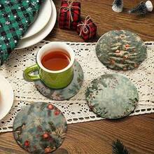 1 Set Of 6 Pieces,10x10cm Christmas Vintage Decorative Wooden Coasters Set, Winter Christmas Tree Art Coasters For Patio Table, Kitchen, Room, Dining Table, Home, Christmas Party, Christmas Gifts For Friends And Family, Birthday Gifts, Holiday Gifts,Coaster Set,Coasters Drink Coasters,Coaster For Cup At Home,Choice Of 1, 2 Or 31 Sets - Green - View 7