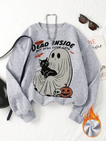 Felpa con grafica di zucca, gatto e vampiro di Ognissanti - Morbida felpa girocollo in grigio chiaro per la stagione spettrale
