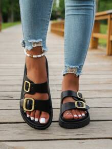 New Solid Color Unisex Fashion Retro Commuter Faux Leather Buckle Sports Sandals, Thick Sole Soft Bottom Comfortable Beach Slippers For Summer