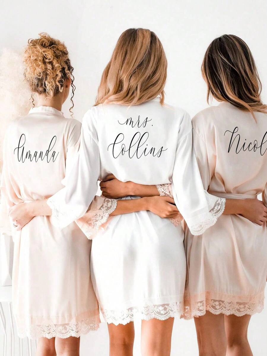 Customized Satin Lace Trim Bridal Robe, Bridesmaid Personalized Wedding Robe, Wedding Party Robe, Personalized Name Robe, Bridal Shower Gift, Silky Loungewear, Bridesmaid Matching Silky Loungewear, Wedding Party Gift, Perfect Gift - Multicolor - View 1