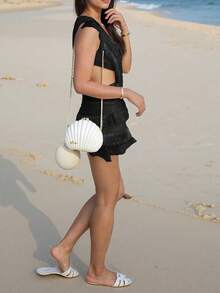 Jacquard V-Neck Tassel Textured A-Line Dress, Vacation Style, Party & Other Occasions - Black - View 4