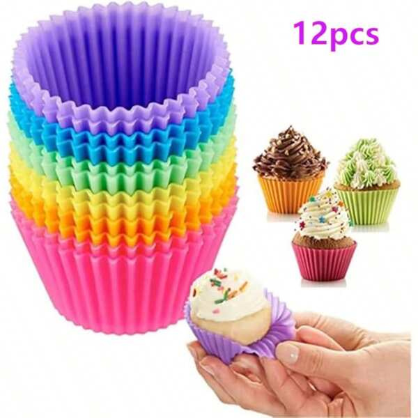 12pcs/24pcs Reusable Silicone Cake Baking Cups, Pancake Liner ,Suitable For Parties, Halloween, Christmas, Random Colors