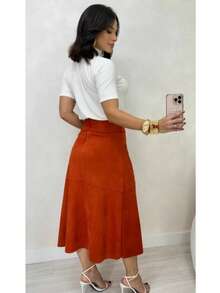 WOMEN'S SUEDE SKIRT WITH ZIPPER AND POCKET. STYLE AND ELEGANCE. - Terracotta - View 3