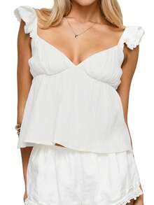 Tank Tops For Women Summer Fashionable Solid Color Backless Flying Sleeve Deep V Neck Loose Shirt - 白色 - 查看 6