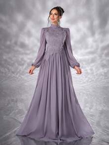 Elisanya 3D花朵串珠花蕊女士雪纺连衣裙舞会派对长袖高领优雅茶会端庄婚礼宾客毕业演唱会宴会晚宴 - 紫色 - 查看 5