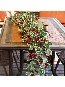 Guirnalda de bayas rojas sin necesidad de electricidad - Hojas de acebo artificial clásicas con bayas, decoración de mesa y pared, decoración navideña festiva sin plumas