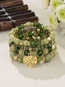 4 exquisitos y modernos colgantes de aleación con cuentas en color verde oliva. Este conjunto de pulseras de cuentas para mujer es ideal para uso diario, eventos informales, banquetes y fiestas. - Verde - Ver 8