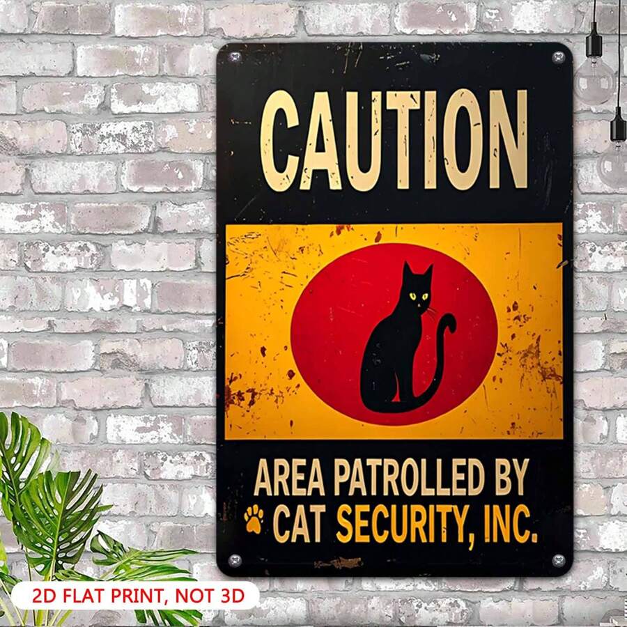 1PCS Vintage Metal Tin Sign, 8x12 Inch, 2D Flat, Caution Area Patrolled By Cat Security Inc, Black Cat Design, Perfect For Garage, Man Cave, Bar, Shed, Or Outdoor Decor - 銀色 - 查看 1