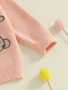 Baby Girl Cardigan, Long Sleeve Button Closure Embroidery Rabbit Winter Warm Knit Sweater Infant Clothes - Pink - View 5