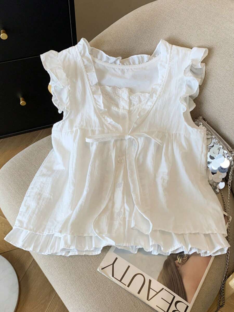 可爱荷叶边休闲女式上衣，系带前开襟二合一韩版盖袖 T 恤，返校季 - 白色 - 查看 1