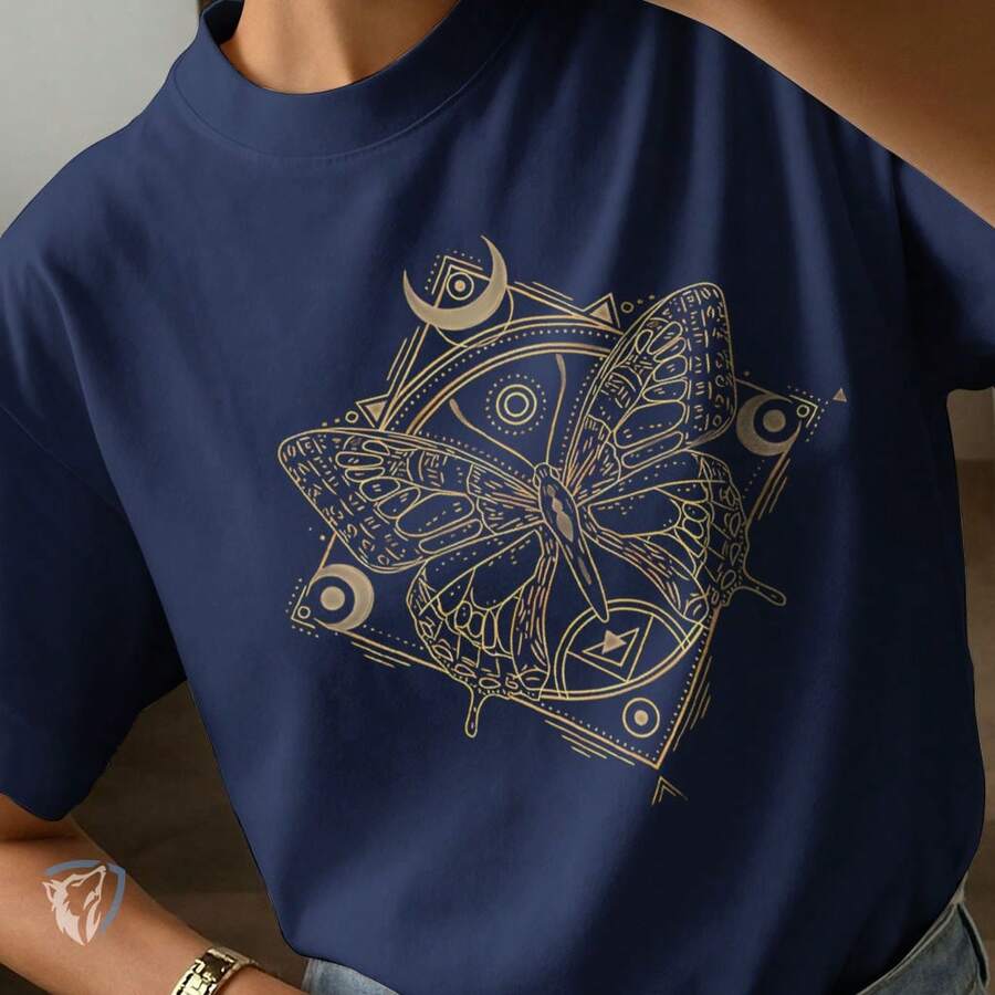 Golden Butterfly Printed T-Shirt | Mystical And Geometric Art - 藏蓝色 - 查看 1