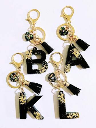 1pc Unisex Autumn/Winter Black Resin Initial Keychain With Gold Foil, Outdoor Casual Backpack Accessory, Party Favor, Suitable As Gift For Friends