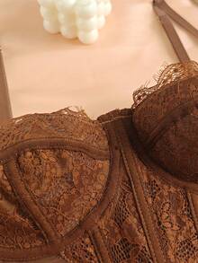 Top tipo corsé con aros y encaje negro Y2K: bustier con varillas y cierre de gancho y ojal en la parte trasera, top corto con tirantes finos de malla transparente. - Marrón - Ver 3