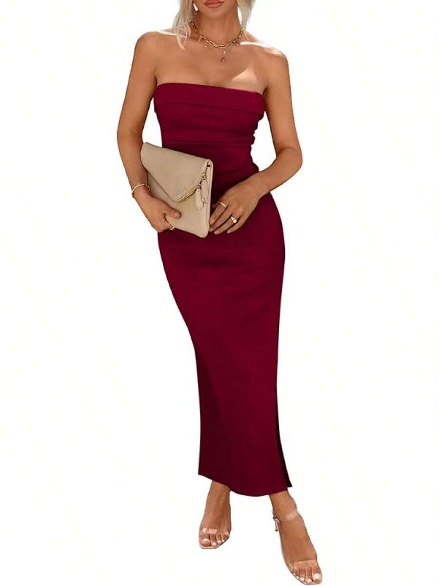 Women's Summer Bodycon Maxi Tube Dress Ribbed Strapless Side Slit Long Going Out Casual Elegant Party DressesHalloween Christmas New Year - 酒紅色 - 查看 1