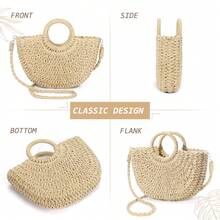 Handmade Straw Woven Handbag, Woven Mesh Beach Bag, Shoulder Bag, Foldable Large Capacity Bag, Suitable For Beach, Camping, Commuting, Travel And Vacation, Full Of Fashion Sense. - A款中號/米白 - 查看 2