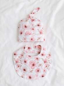 Set da 2 pezzi: Cappellino per bambini con motivo floreale a fiori di pesco rosa + bavetta sciarpa, adatto per bambini da 0 a 3 mesi, regalo perfetto per neonati