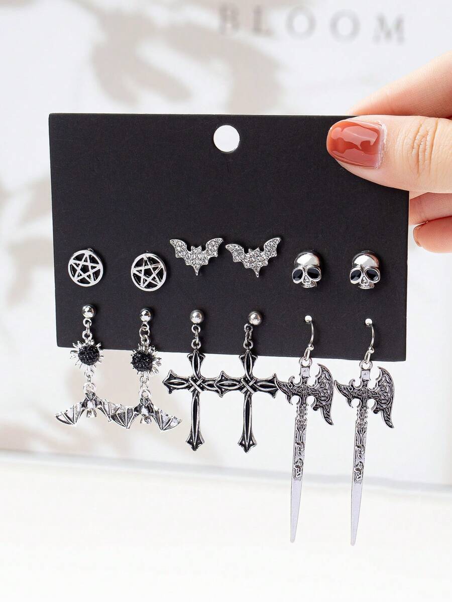 6 Pairs Gothic Style Rhinestone Bat, Skull, Star, Sunflower, Cross, Axe, Skull, Moon, Snowflake Earrings Set, Fashionable & Versatile - Multicolor - View 1