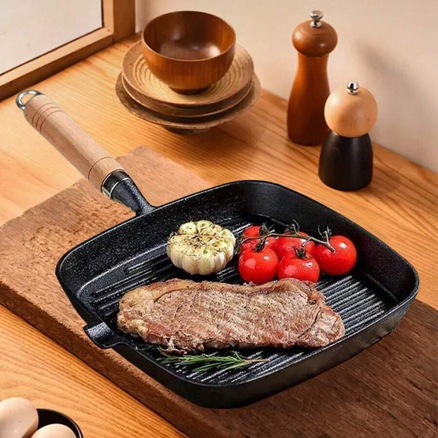 Black Square Thick Cast Iron Frying Pan, Barbecue Pan, Striped Steak Pan, Uncoated Non Stick Frying Pan, Barbecue Picnic Pan, Multifunctional Square Baking Pan With Pouring Port, Durable Barbecue Frying Pan, Suitable For All Stoves (Gas, Electricity, Induction) - màu đen - Xem 1