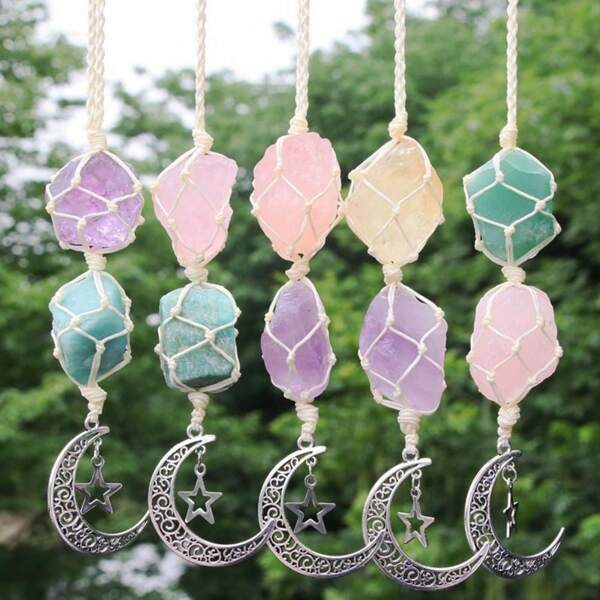 Piedras naturales en bruto, cristales curativos con luna y estrella para decoración de pared, meditación, adorno colgante para ventana de coche