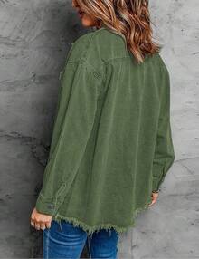 Vetinee Women's Oversized Button Up Frayed Hem Shacket Long Sleeve Pockets Denim Jean Jacket - 榆樹綠 - 查看 2