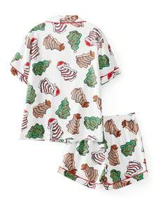 Women's Holiday Pajamas Set Santa Claus/Pumpkin Print Short Sleeve Lapel Button Tops Shorts Loungewear - Màu be - Xem 5