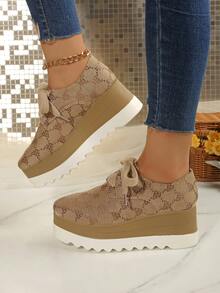 2025 Women's New Dual-Color Sole Platform Shoes, Round Toe Lace-Up Casual/Athletic Style Shoes, Black, Thick Sole, Wedge Heel, Height Increasing, Suitable For Autumn - Brown - View 5