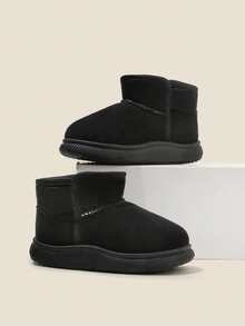“2025秋冬最畅销的3-12岁黑色男童女童踝靴：毛绒上翻鞋口仿麂皮+恒温短绒保暖防滑钩环平底踝靴；北欧治愈风儿童雪地靴，适合居家、上学、派对、圣诞节和新年礼物！” - 黑色 - 查看 6