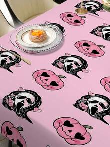 1pc Halloween Pink Theme Tablecloth, Printed With Scary Faces & Pumpkin Hearts, Quirky Style With Holiday Vibe. Rectangular Design, Unique & Eye-Catching Pattern, Vivid Details, Suitable For Halloween Dining Table Decor, Adding Personalized & Fun To Meal Settings.