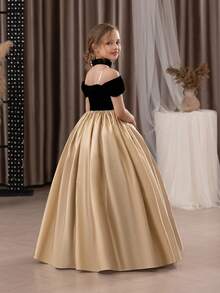 Abito elegante da ragazza pre-adolescente con patchwork dorato, spalle scoperte, fatto a mano con perline, adatto per feste di compleanno, balli, lauree, damigella d'onore, matrimoni - Nero e oro - Visualizzare 6