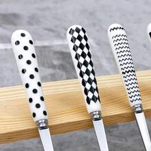 5/10pcs Geometric Pattern Ceramic Handle Stainless Steel Cutlery Set, Polished Surface Tableware With Dessert Spoon, Coffee Spoon, Small Spoon, Small Fork And Fruit Fork - Multicolor - View 10