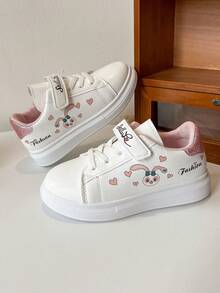 1 Pair Back-To-School Casual & Fashionable Kids' Skateboard Shoes, White Main Color, Adorable Cartoon Pattern On Side, Pink Heart Decor, Soft, Lightweight, Comfortable, Pink Details On Upper & Heel, Convenient Hook And Loop Closure, Sweet & Playful Style, Suitable For Kids' Daily Wear, Indoor/Outdoor, Play, Festivals, Etc. - Pink - View 4