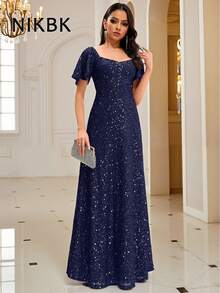 NIKBK Abito da sera elegante con paillettes per donna, in misto poliestere ed elastan, scollo quadrato, orlo ampio, lunghezza lunga, tessuto maglia vestibilità morbida, con 95% poliestere, 5% elastan, adatto per feste, banchetti, spettacoli e occasioni speciali, abito da sera formale, vestito da ballo del 4 luglio - Blu Navy - Visualizzare 4