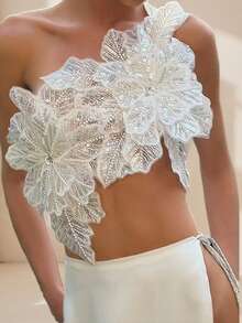 Women's 3D Flower Gorgeous Sequin Decor One Shoulder Sleeveless Bandeau Top Slim Fit Going Out Party Camisole - 白色 - 查看 5