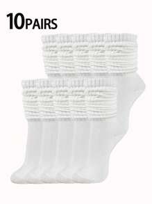 1/3/5/10 双白色中筒袜，休闲袜，温暖舒适，透气，适合返校季、秋冬、秋季 - 白色 - 查看 7
