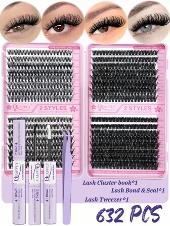 632pcs DIY Lash Extension Kit Wispy Eyelash Extension Kit D Curl Fluffy Lashes Extension Kit Lashes Bond And Seal Tweezers DIY At Home (4Style-10-16mm-Kit)