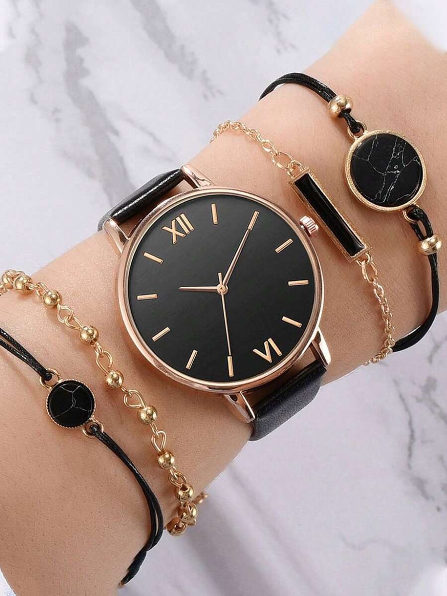 Nuevo conjunto de relojes minimalista, reloj de cuarzo con correa de piel de PU, conjunto de reloj de mujer con pulsera