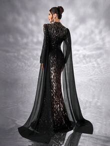 Elisanya Women Formal Banquet Dress Elegant Luxury Gradient High Neck Sequin Contrast Chiffon Glittery Dress Long Sleeve Birthday Party Wedding Guest Graduation Dinner Ceremony Celebration Ceremonial Dress