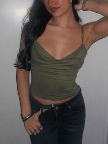 Women Cowl Neck Cami Tank Tops Layered Bra Spaghetti Strap Cutout Ruched Front Slim Fit Beaded Camisole Crop Tops Summer Sexy Backless Sleeveless Vests Shirts Party Club Going Out Tops Streetwear - 軍綠色 - 查看 9