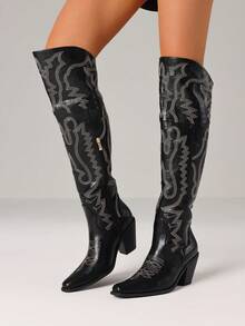Women's Retro Embroider Thigh High Western Cowboy Boots Fashion Block Chunky High Heels Pointed Toe Vintage Cowgirl Boots Woman - 黑色 - 查看 3