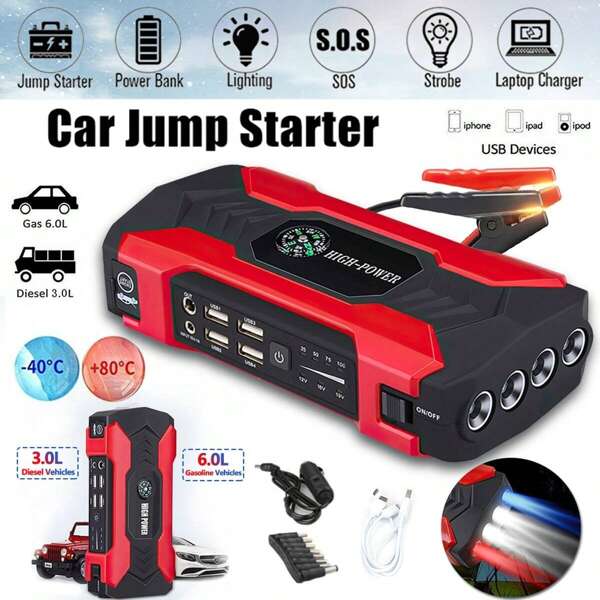 Portable Car Jump Starter, Battery Charger Emergency Power Supply For Mobile Phones, Cars, Motorcycles, Yachts And Outdoor Activities Emergency Charger With Flashlight And Compass