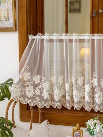 1pc European Floral Lace-Like Short Curtain ,Door Curtain Panel - No-Drill Hanging Semi-Sheer Window With Elegant Floral Pattern, Lightweight Privacy Window Curtain For Bedroom, Living Room, Cabinet, Party Decor - All-Season Home Decoration, Elegant Living Room Curtains, Jacquard Design, Polyester Sheers, Seasonal Decoration