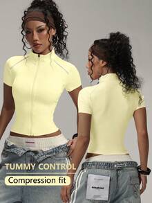 FWH Streetwear Hybrid,Relaxed-Fit Performance Top,High Neck Zip Detail,Tummy Control,Comfort Meets Style,Office-To-Pilates Transition,Perfect For Dance/Jogging,Retro Sporty Vibes + Modern Fits,Fashion Sports Jacket - Yellow - View 2
