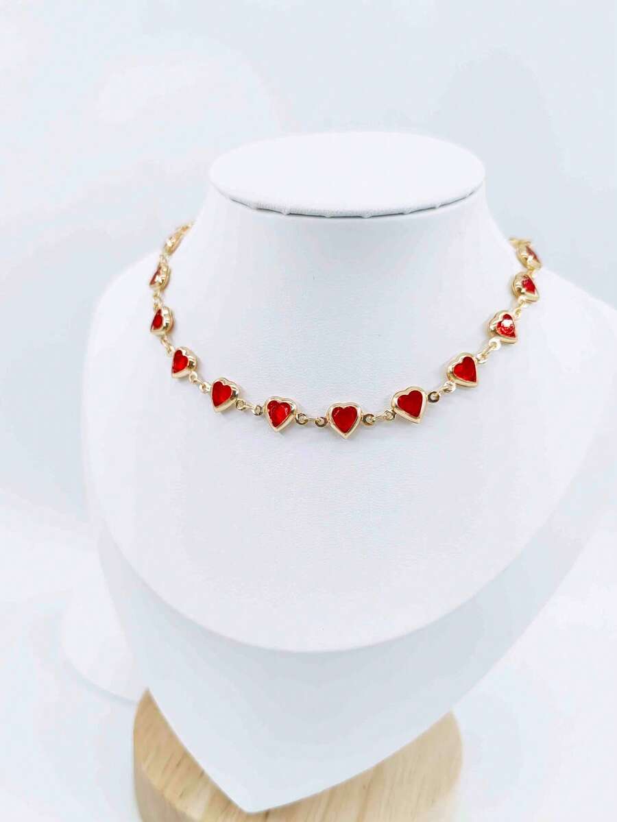 1件优雅时尚红心水钻项链，铜色金属吊饰项链，女士迷人珠宝，适合日常佩戴、装饰、派对、音乐节、拍照。手工链条，可剪裁至所需长度。