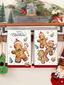 2pcs Christmas Kitchen Towels, Gingerbread Man Red Plaid Design Pattern, Reusable Kitchen Decoration Towels, Suitable For Christmas Kitchen Towels, Happy New Year 2026, Christmas Kitchen Cleaning Supplies - Christmas Decoration Towel-04 - View 4